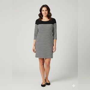 SOFT JOIE Black & White Striped Cotton 3/4 Sleeve Dress Womens L Classic Office